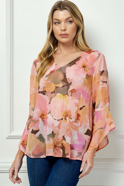 3/4 Ruffle Sleeve V-Neck Swing Blouse in Yellow/Peach/Brown