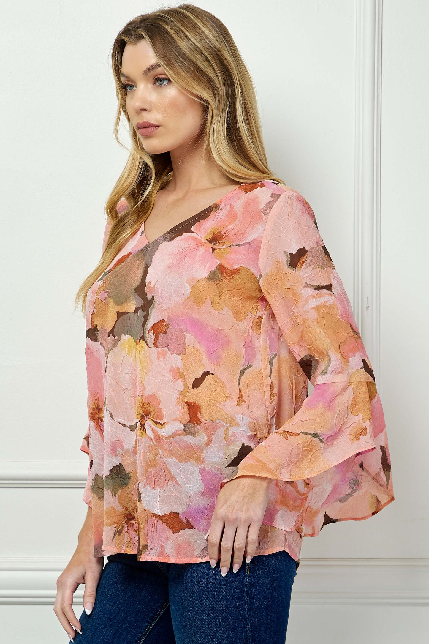 3/4 Ruffle Sleeve V-Neck Swing Blouse in Yellow/Peach/Brown