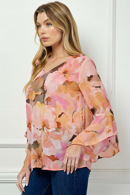 3/4 Ruffle Sleeve V-Neck Swing Blouse in Yellow/Peach/Brown