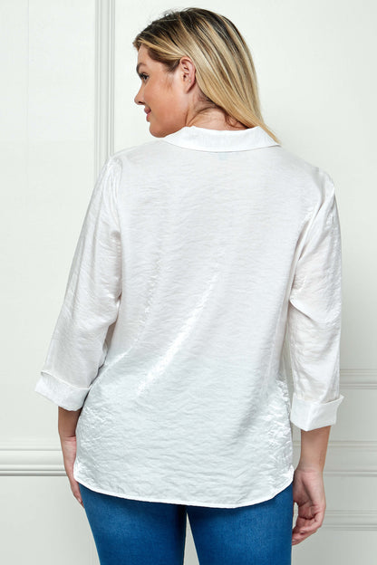 3/4 Notch Sleeve Button Front Spread Collar Blouse in White - Plus