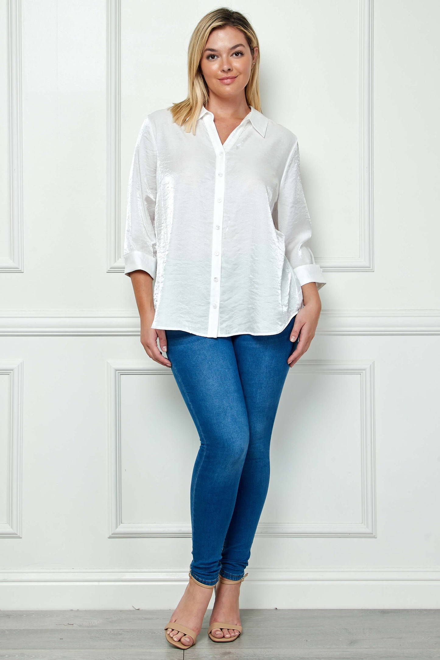 3/4 Notch Sleeve Button Front Spread Collar Blouse in White - Plus