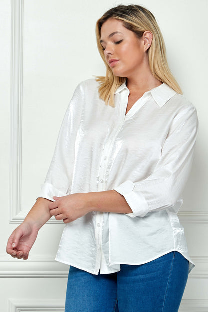 3/4 Notch Sleeve Button Front Spread Collar Blouse in White - Plus