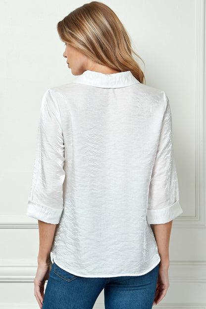 3/4 Notch Sleeve Button Front Spread Collar Blouse in White