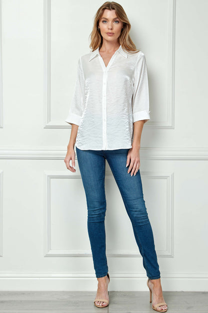 3/4 Notch Sleeve Button Front Spread Collar Blouse in White