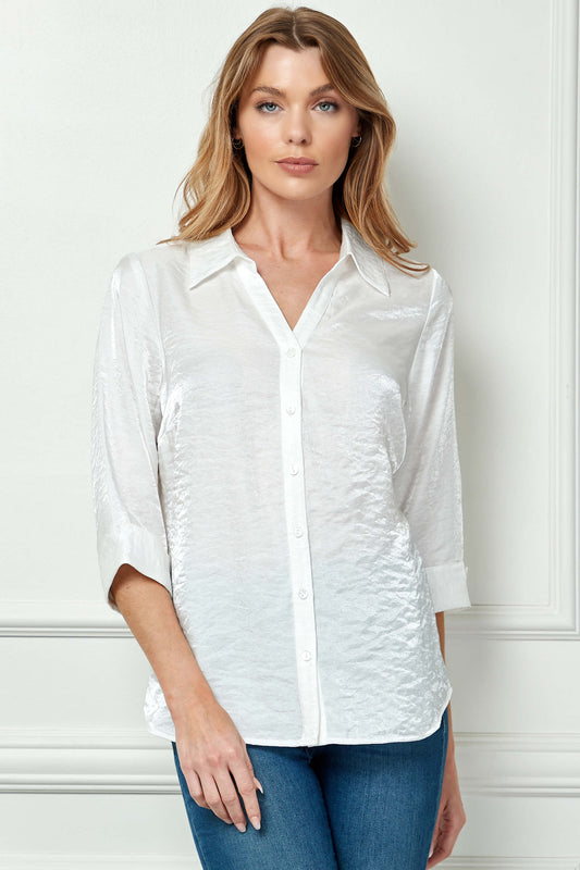 3/4 Notch Sleeve Button Front Spread Collar Blouse in White
