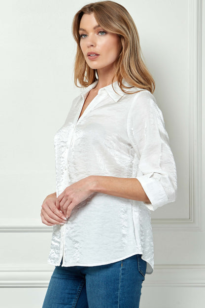 3/4 Notch Sleeve Button Front Spread Collar Blouse in White