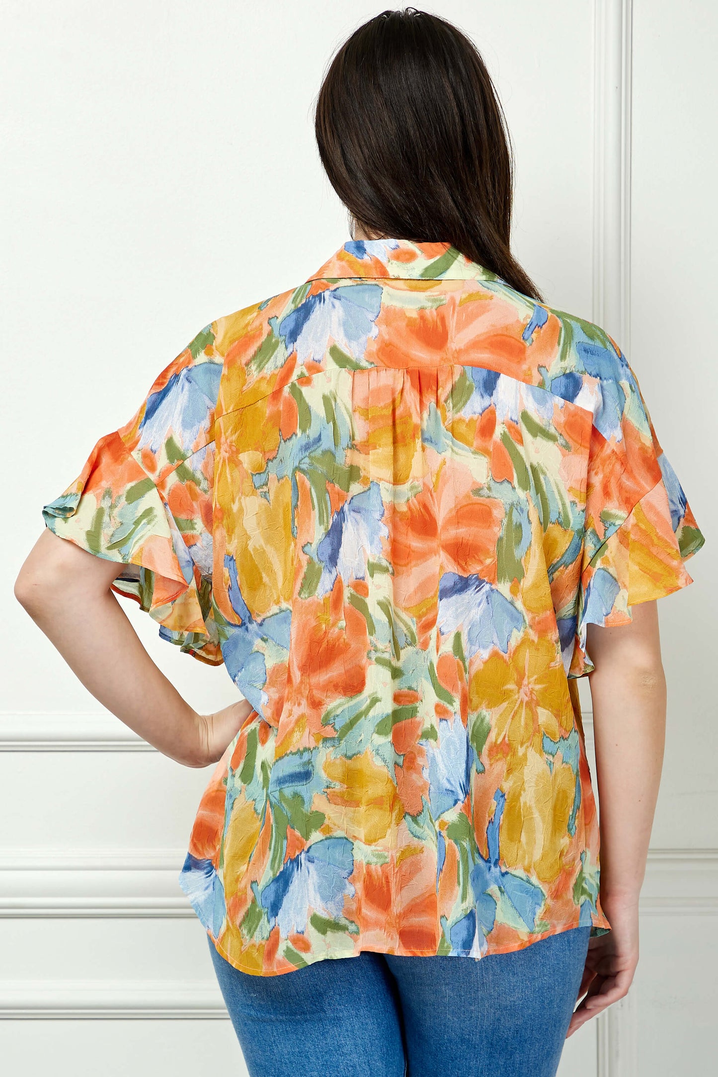 Ruffle Sleeve Button-Front Blouse in Sage/Coral/Yellow - Plus