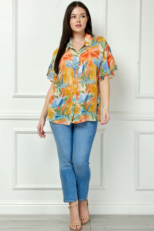 Ruffle Sleeve Button-Front Blouse in Sage/Coral/Yellow - Plus