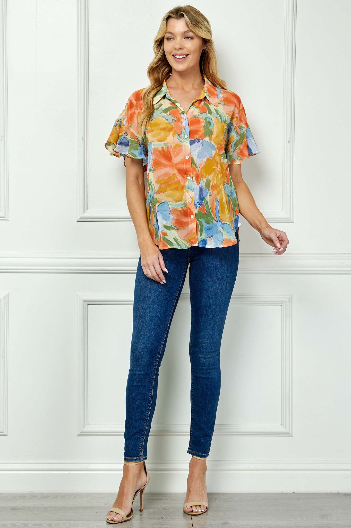 Ruffle Sleeve Button-Front Blouse in Sage/Coral/Yellow