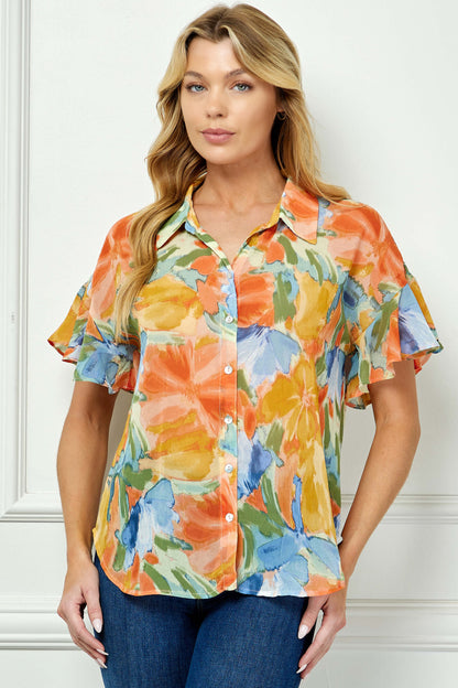Ruffle Sleeve Button-Front Blouse in Sage/Coral/Yellow