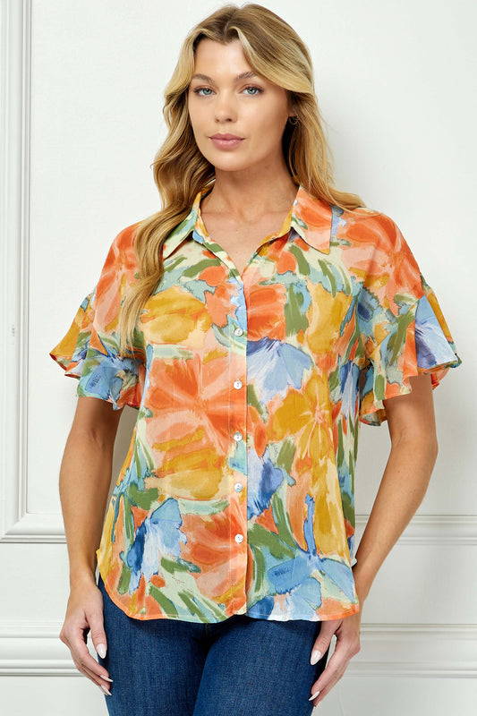 Ruffle Sleeve Button-Front Blouse in Sage/Coral/Yellow