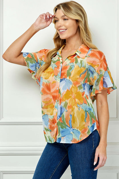 Ruffle Sleeve Button-Front Blouse in Sage/Coral/Yellow