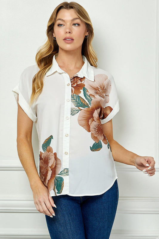 Cuff Sleeve Button-Front Print Blouse in Ivory/Brown/Green