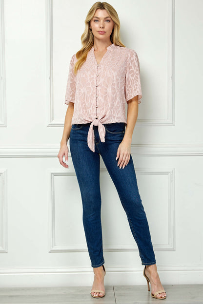 Short Sleeve V-Ruffle Neck Tie Front Blouse in Blush