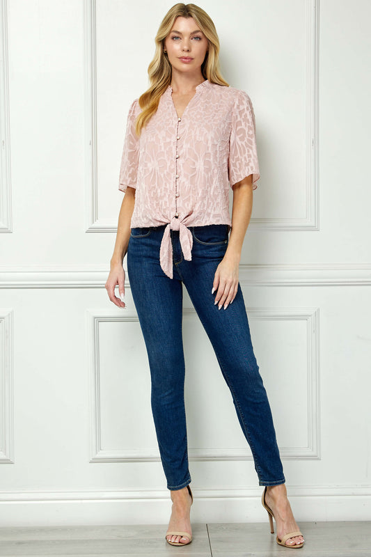 Short Sleeve V-Ruffle Neck Tie Front Blouse in Blush