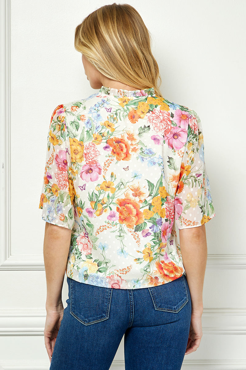 Short Sleeve V-Ruffle Neck Tie Front Blouse in Ivory/Coral/Pink