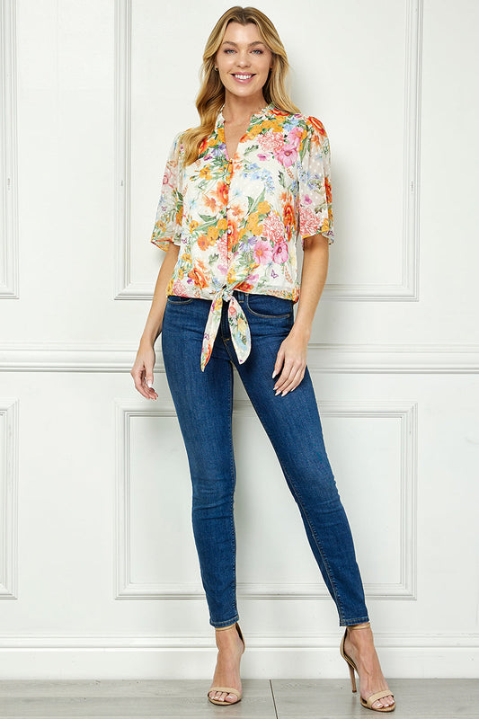 Short Sleeve V-Ruffle Neck Tie Front Blouse in Ivory/Coral/Pink