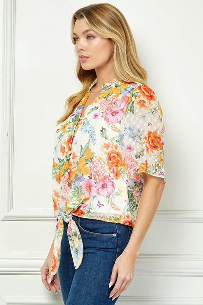 Short Sleeve V-Ruffle Neck Tie Front Blouse in Ivory/Coral/Pink
