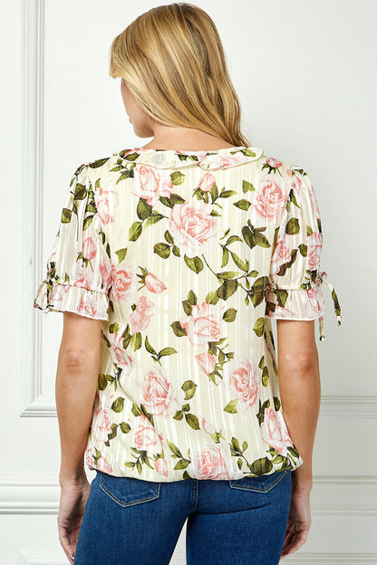 Ruffle Tie Sleeve V-Neck Bubble Blouse in Yellow