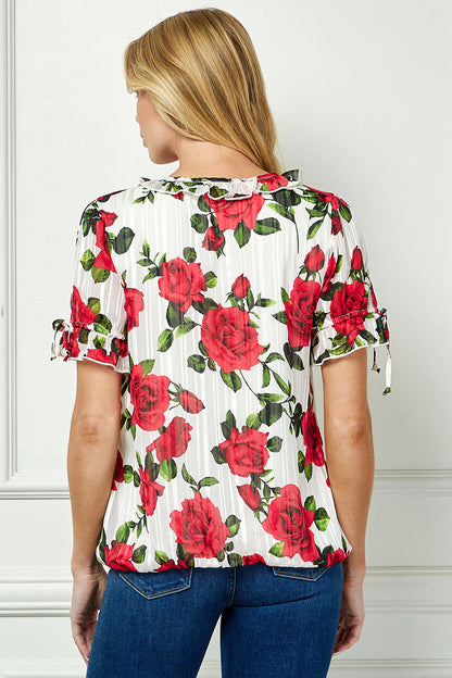 Tie Neck Ruffle Sleeve Bubble Blouse in Ivory/Red