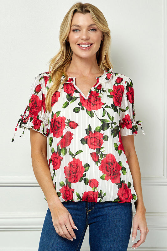 Tie Neck Ruffle Sleeve Bubble Blouse in Ivory/Red