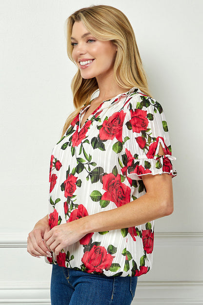 Tie Neck Ruffle Sleeve Bubble Blouse in Ivory/Red