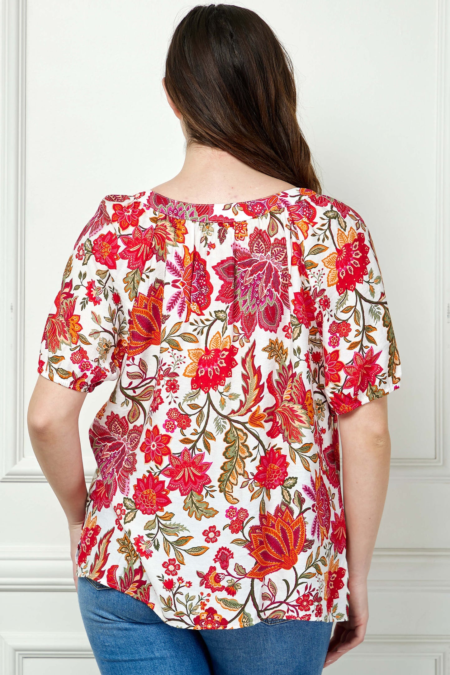 Short Sleeve Beaded Tie Neck Mandarin Collar Blouse in Ivory - Plus