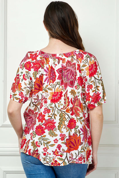 Short Sleeve Beaded Tie Neck Mandarin Collar Blouse in Ivory - Plus