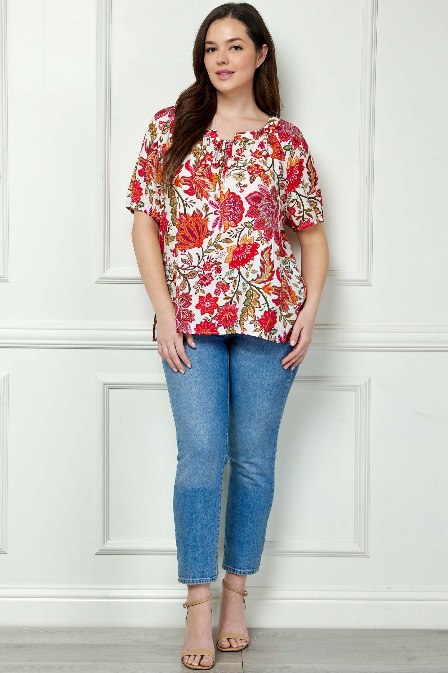 Short Sleeve Beaded Tie Neck Mandarin Collar Blouse in Ivory - Plus