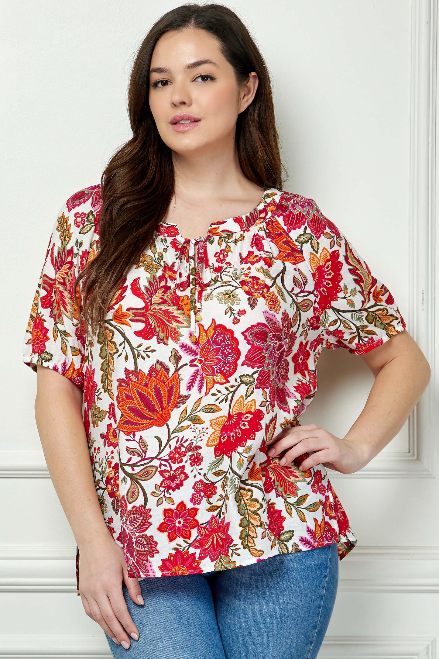 Short Sleeve Beaded Tie Neck Mandarin Collar Blouse in Ivory - Plus