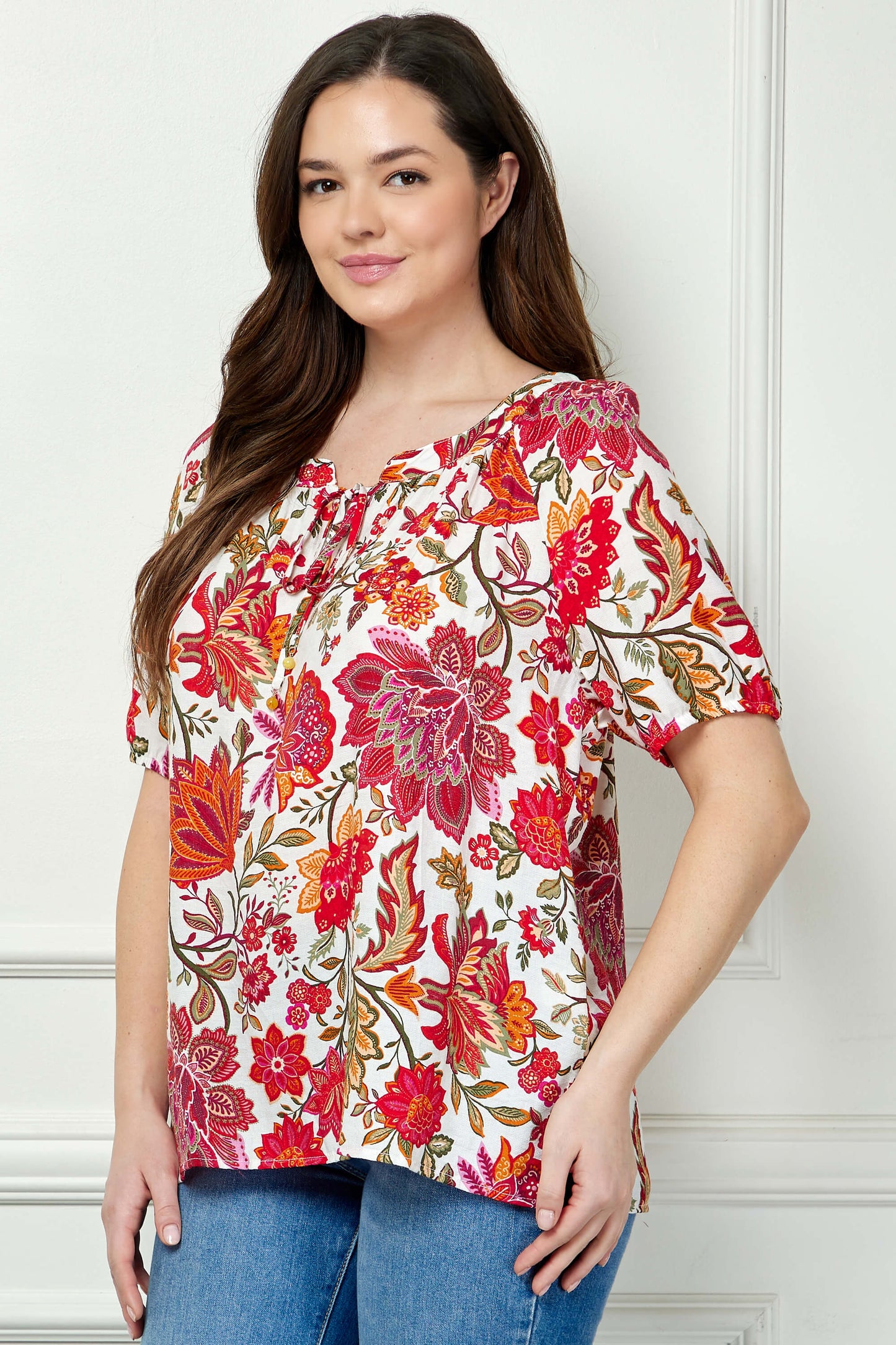 Short Sleeve Beaded Tie Neck Mandarin Collar Blouse in Ivory - Plus