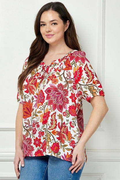 Short Sleeve Beaded Tie Neck Mandarin Collar Blouse in Ivory - Plus