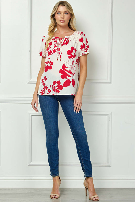 Short Sleeve Beaded Tie Neck Mandarin Collar Blouse in Red/Cream
