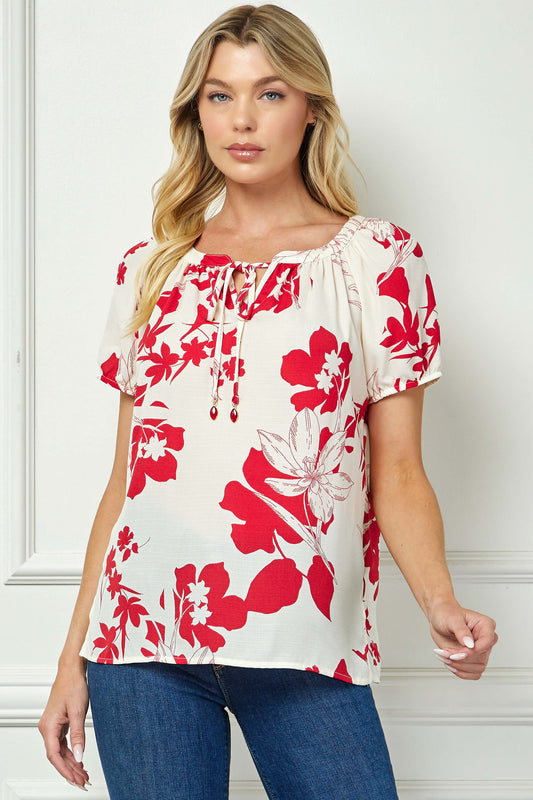 Short Sleeve Beaded Tie Neck Mandarin Collar Blouse in Red/Cream