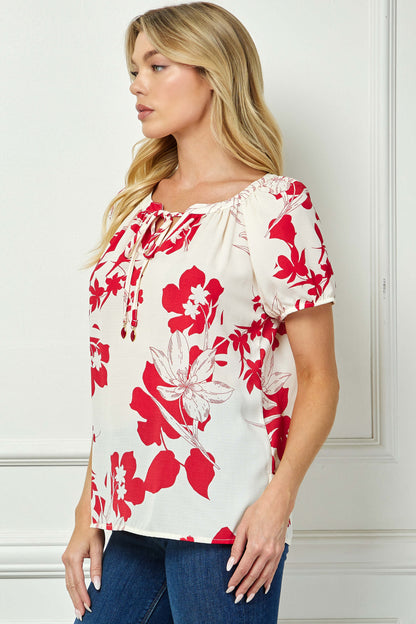 Short Sleeve Beaded Tie Neck Mandarin Collar Blouse in Red/Cream