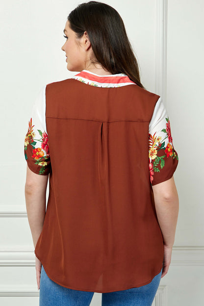 Button Tab Sleeve Tie-Front Print Blouse in Brown/Ivory/Red - Plus