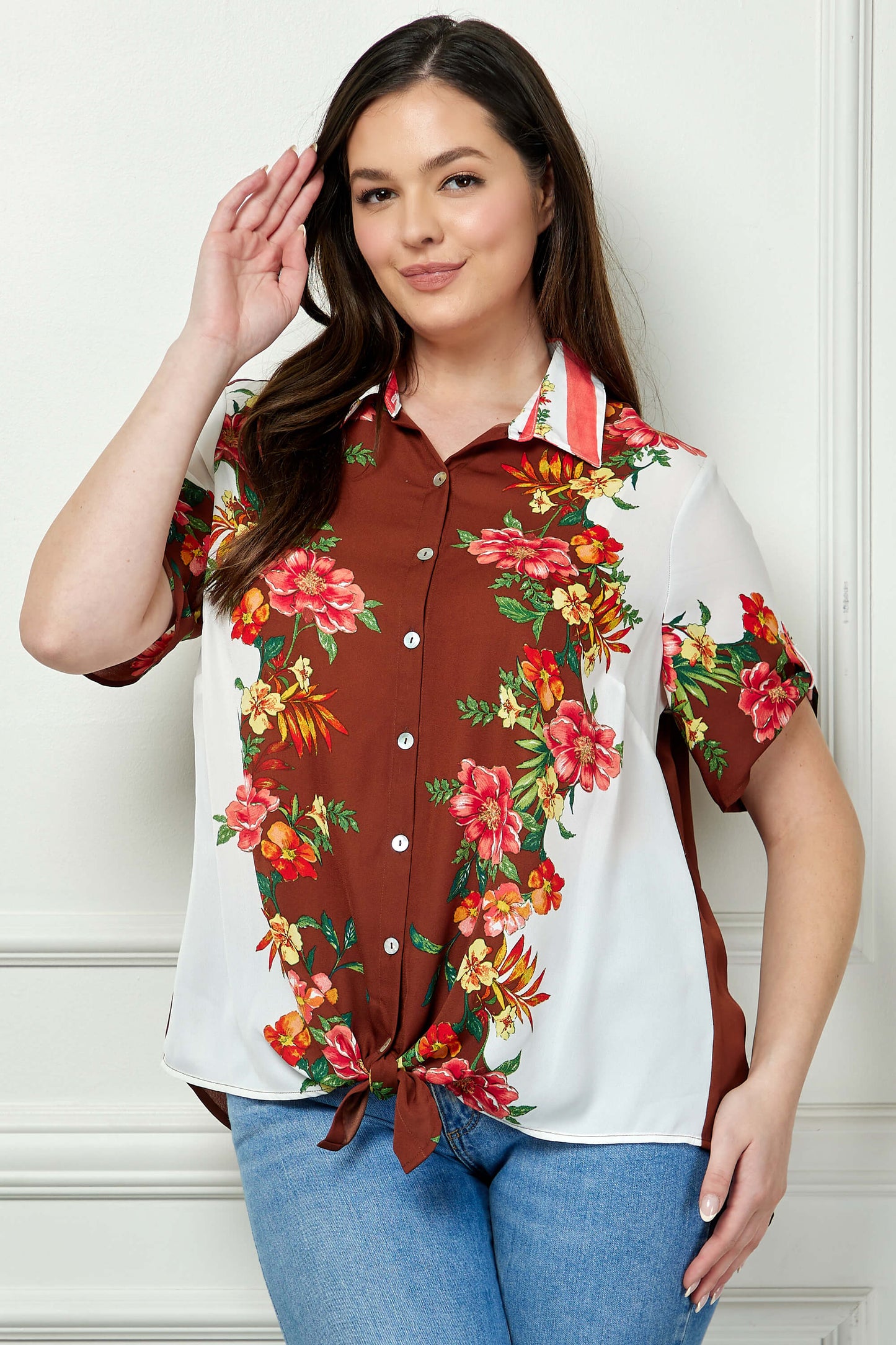 Button Tab Sleeve Tie-Front Print Blouse in Brown/Ivory/Red - Plus