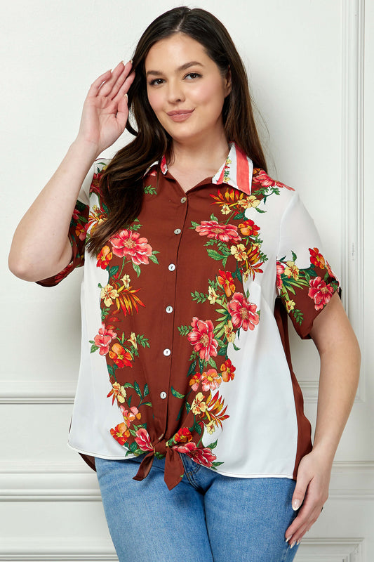 Button Tab Sleeve Tie-Front Print Blouse in Brown/Ivory/Red - Plus