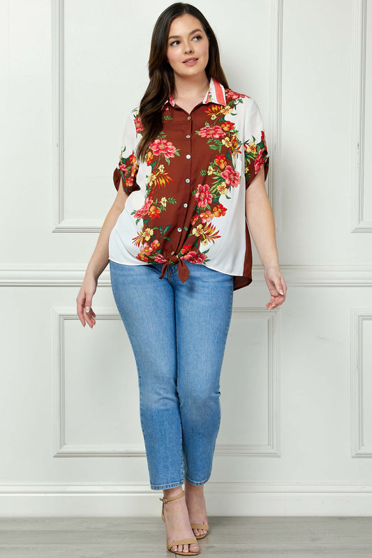 Button Tab Sleeve Tie-Front Print Blouse in Brown/Ivory/Red - Plus