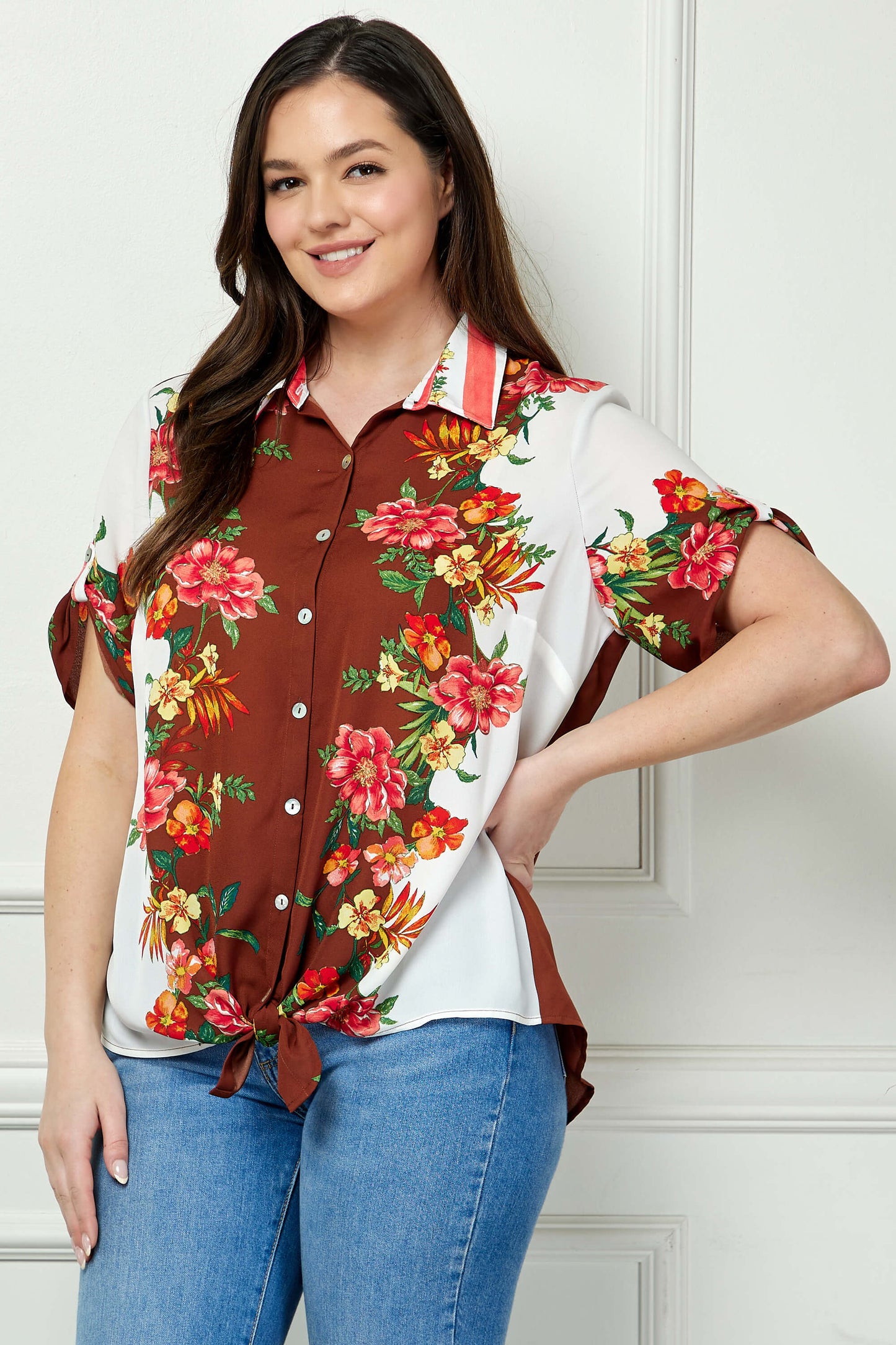 Button Tab Sleeve Tie-Front Print Blouse in Brown/Ivory/Red - Plus