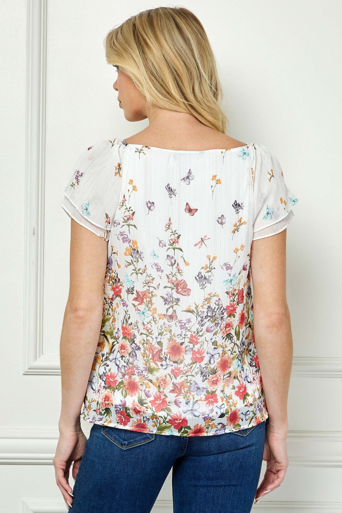 Flutter Sleeve Beaded Tie Pleated Blouse in Ivory