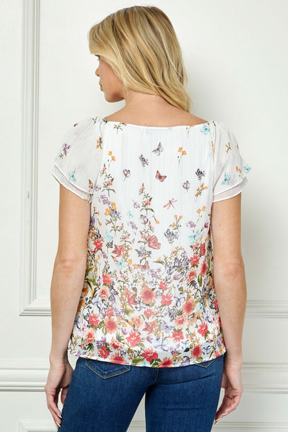 Flutter Sleeve Beaded Tie Pleated Blouse in Ivory