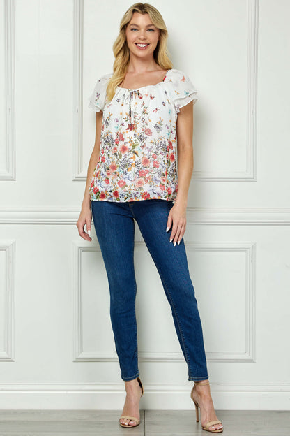 Flutter Sleeve Beaded Tie Pleated Blouse in Ivory