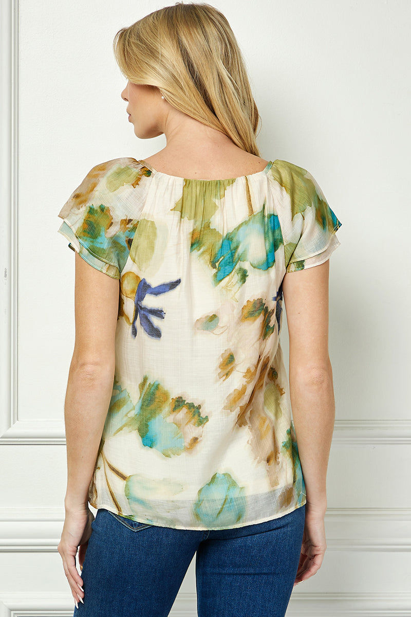 Flutter Sleeve Beaded Tie Blouse in Beige/Teal/Olive