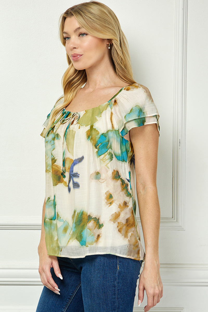Flutter Sleeve Beaded Tie Blouse in Beige/Teal/Olive