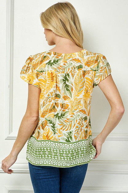 Flutter Sleeve Beaded Tie-Neck Print Blouse in Cream/Rust/Sage