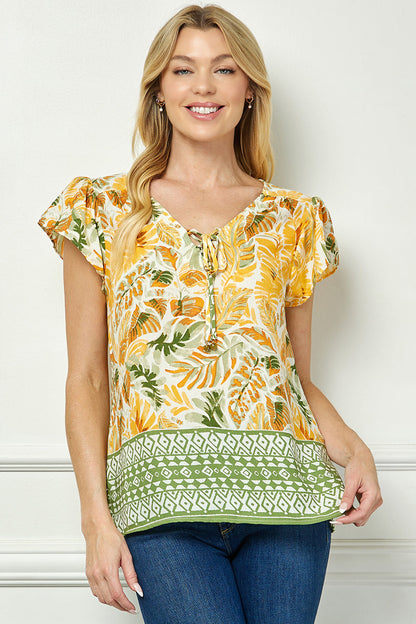 Flutter Sleeve Beaded Tie-Neck Print Blouse in Cream/Rust/Sage