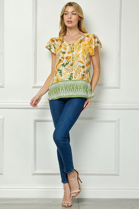 Flutter Sleeve Beaded Tie-Neck Print Blouse in Cream/Rust/Sage