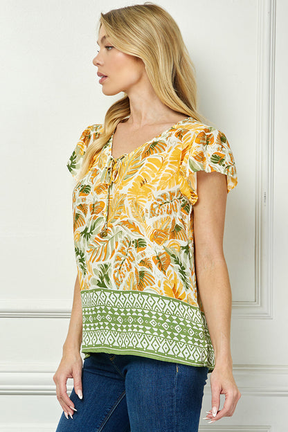 Flutter Sleeve Beaded Tie-Neck Print Blouse in Cream/Rust/Sage