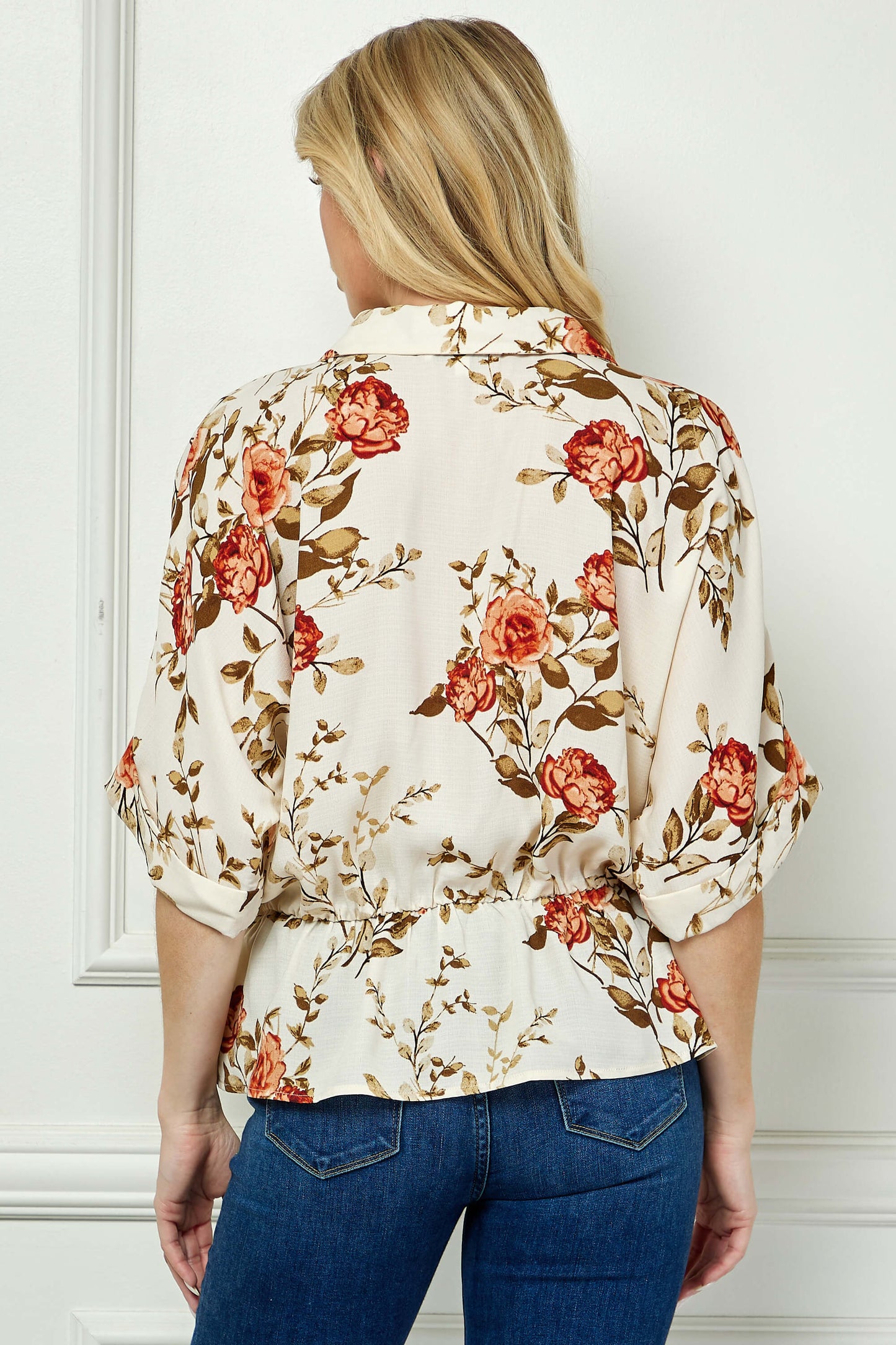 Dolman Sleeve Elastic Waist Popover Blouse in Cream/Rust/Olive